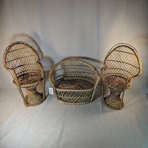 Vintage Wicker Rattan Love Seat Chairs Set for Dolls Miniature Plant Pot Stand